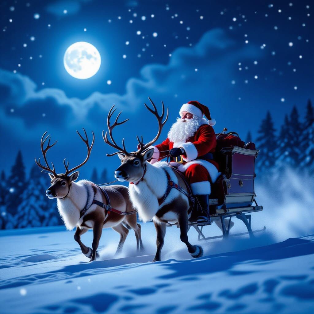 Santa Claus Rides Reindeer Under Full Moon