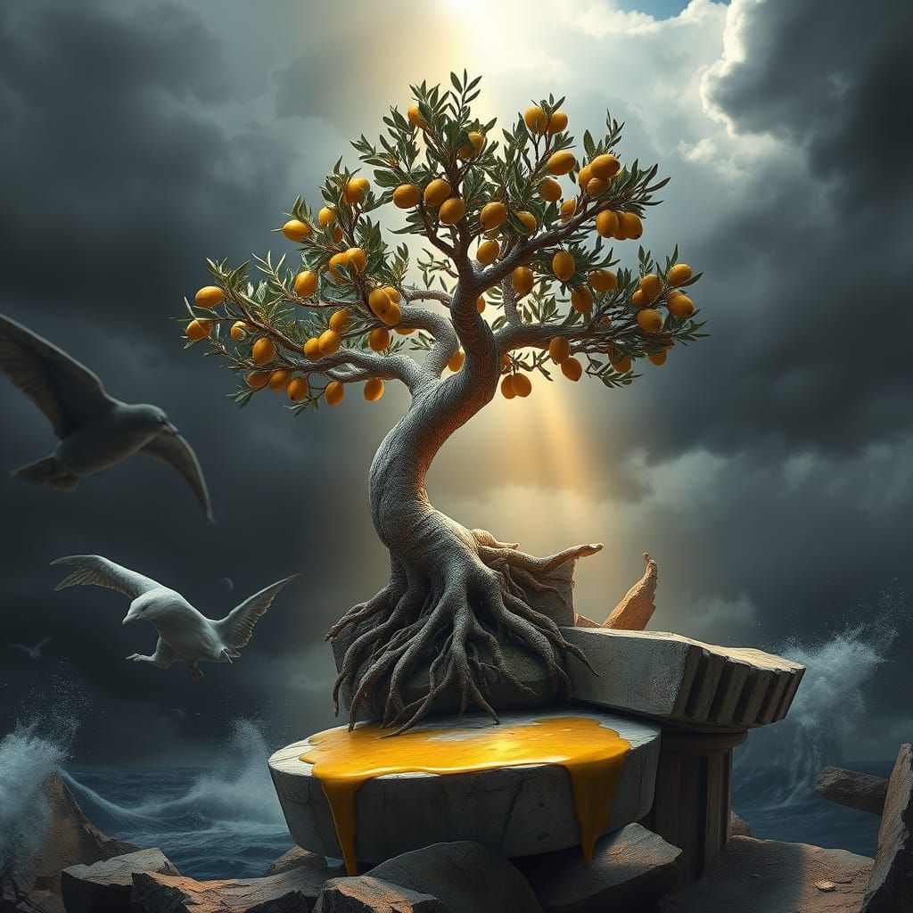 Surreal Mythic Realism Olive Bonsai in Greek Temple Ruins