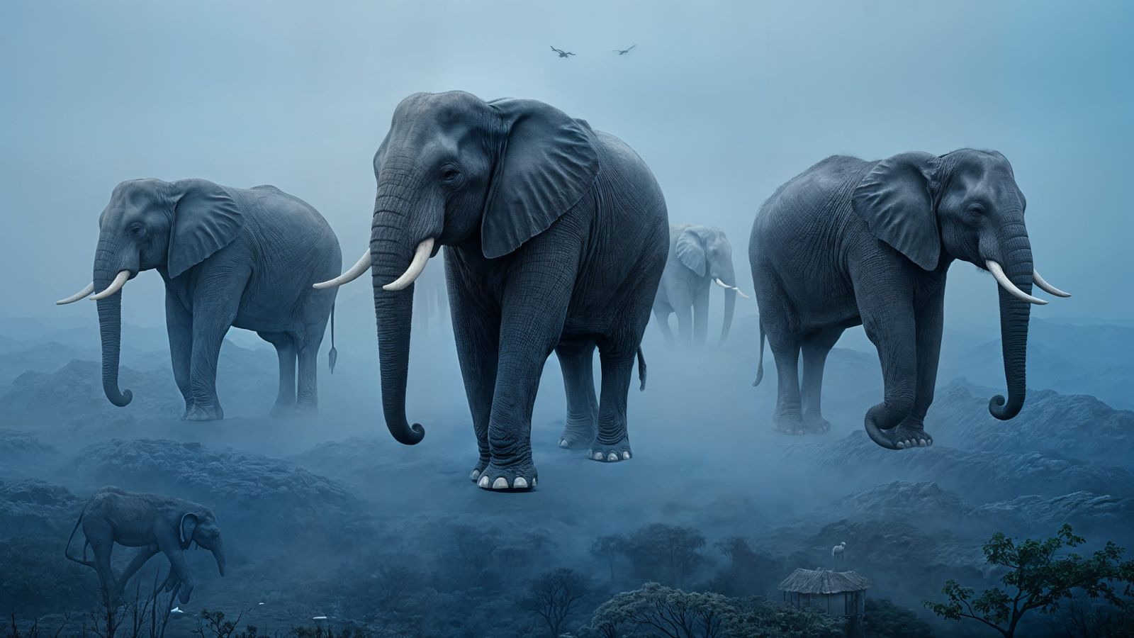 Dreamlike Elephants Floating in Misty Blue Landscape