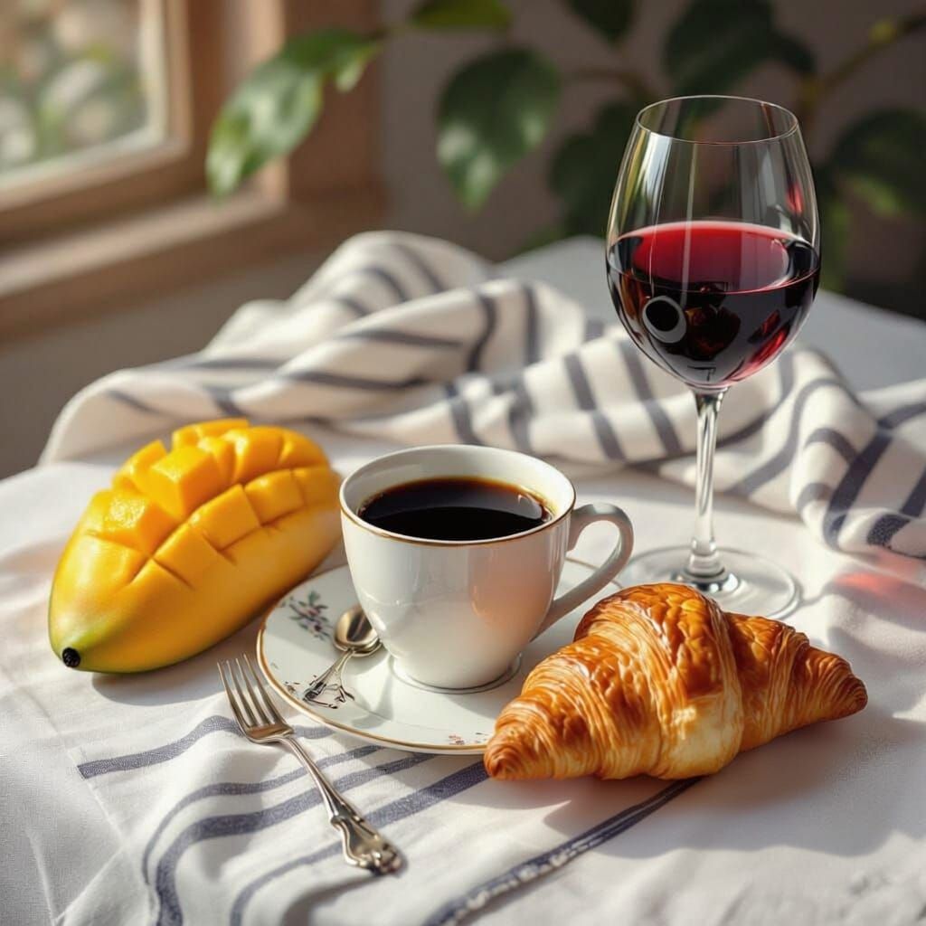 Still Life: Mango, Coffee, Wine, Croissant on White Table