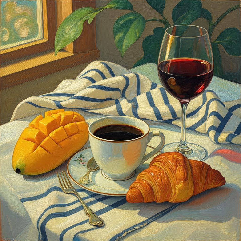 Ripe Mango, Coffee, Wine, and Croissant on White Table
