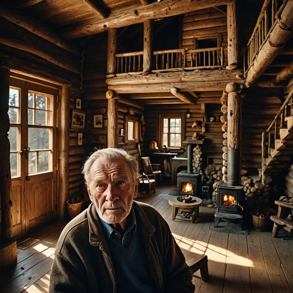 Log Cabin Interior with Old Man Portrait