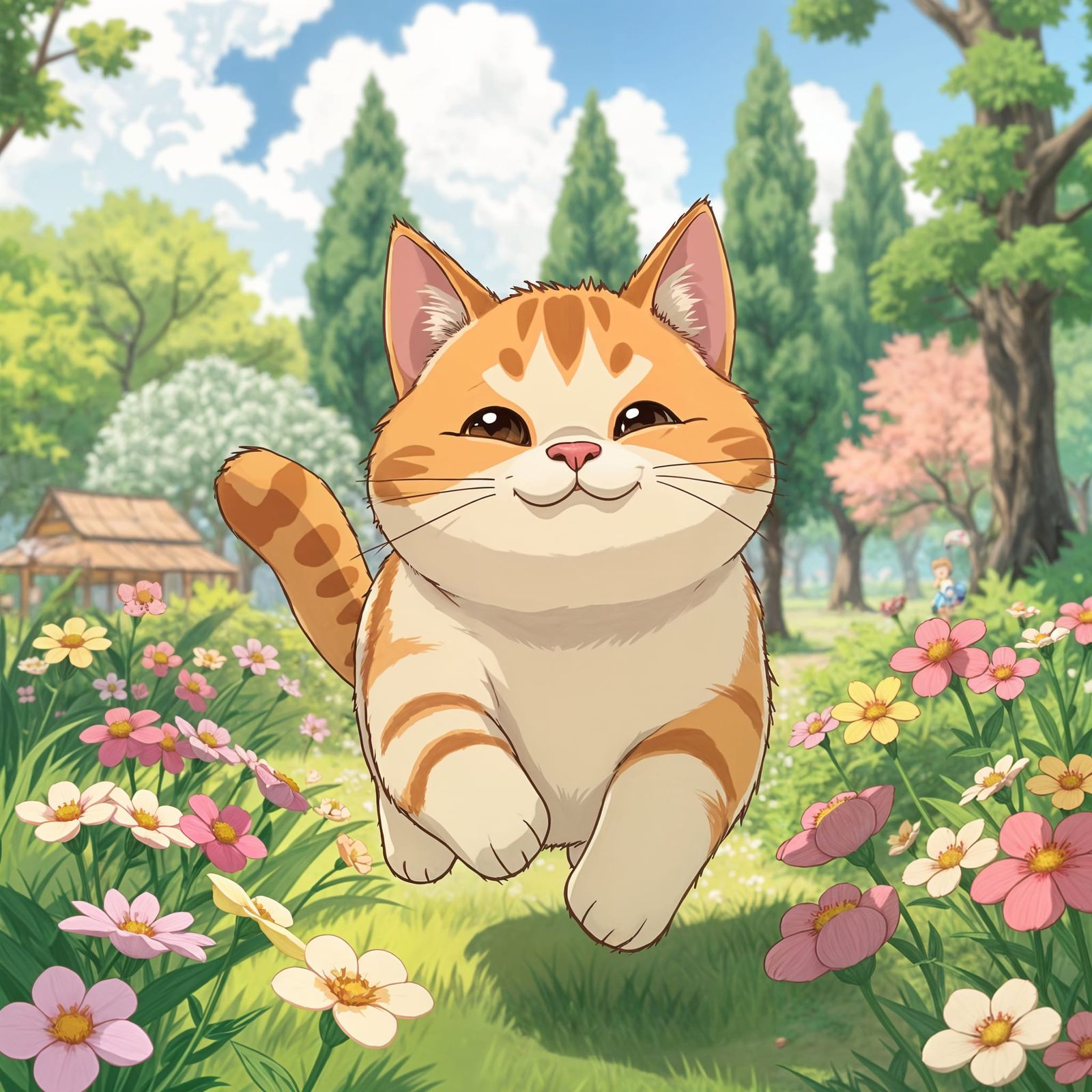 Joyful Torbie Cat Runs Through Park: Manga Style