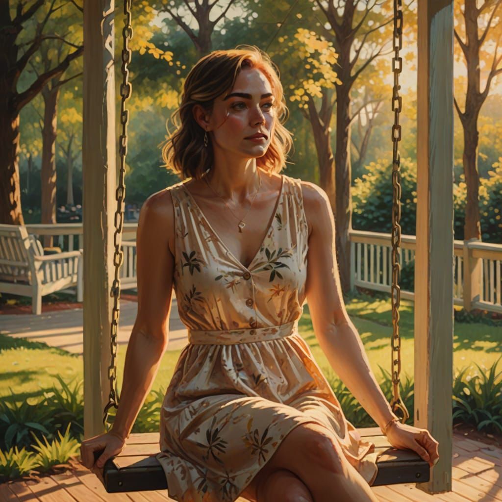 Impressionist Portrait of Woman on Porch Swing at Golden Hou...