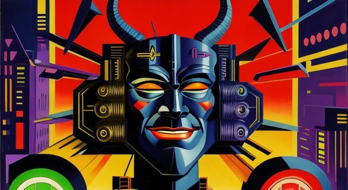 Minotaur Portrait in Retro Metropolis, Cubist Style