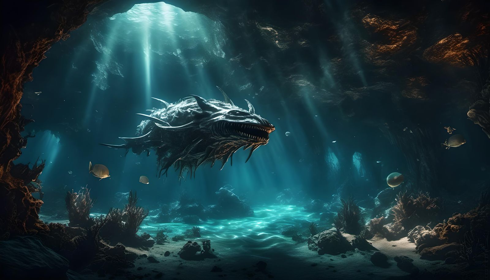 Gloomy Underwater Cave with Sinister Alien Creature
