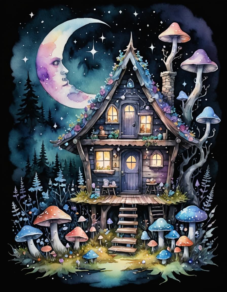 Pagan Cabin with Crystal Moon, Watercolor Pastel Goth