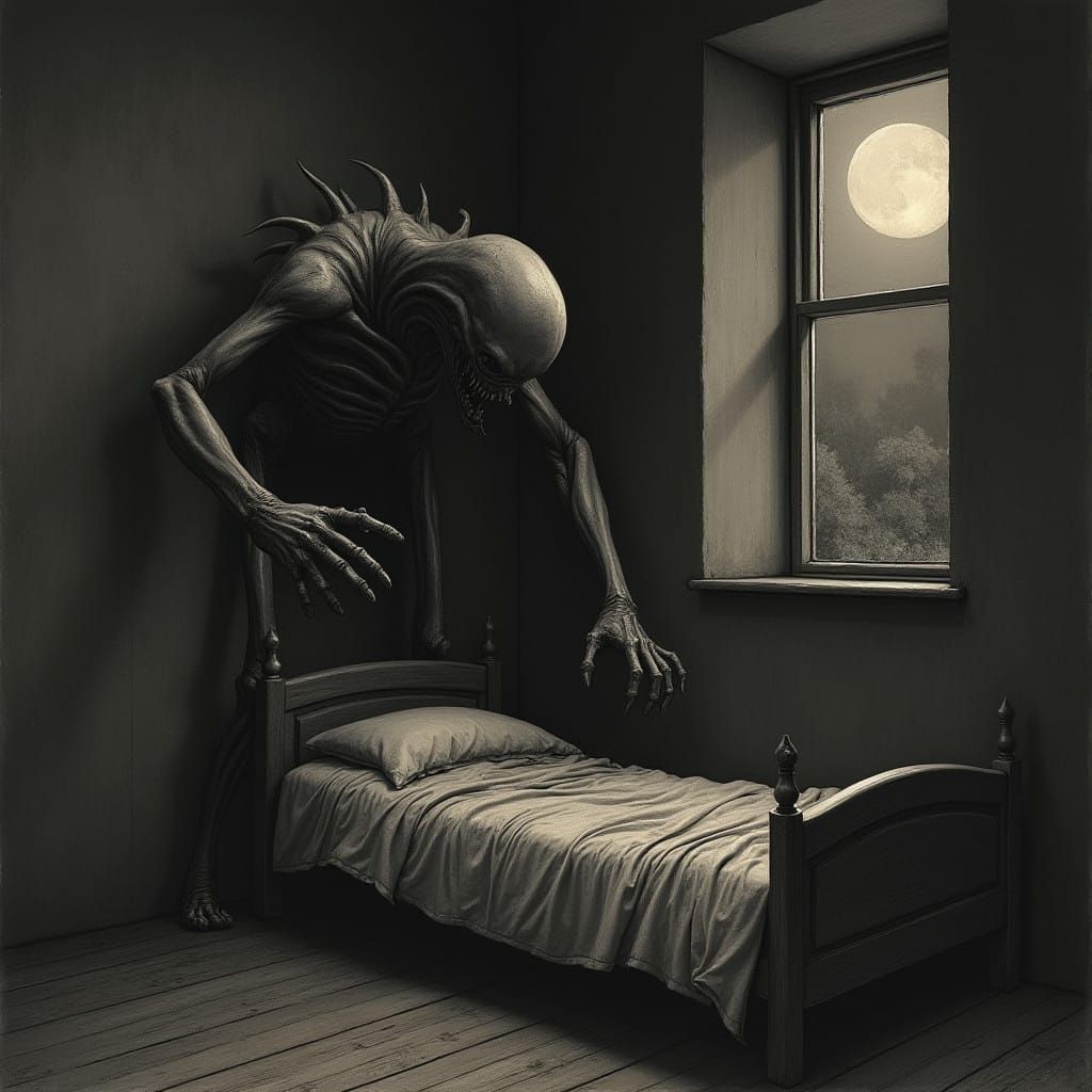 Grotesque Creature Emerges from Shadows in Beksiński-Inspire...