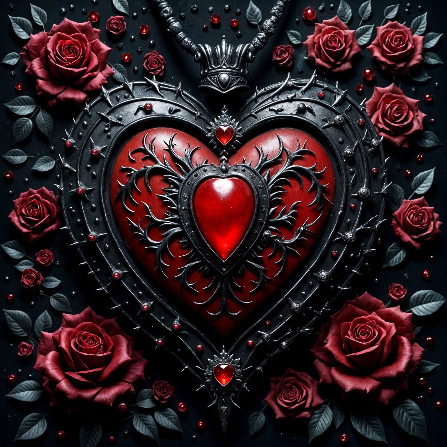 Gothic Heart Medallion with Roses in High Relief