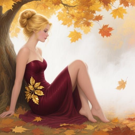 Girl in Burgundy Dress Under Golden Maple Tree