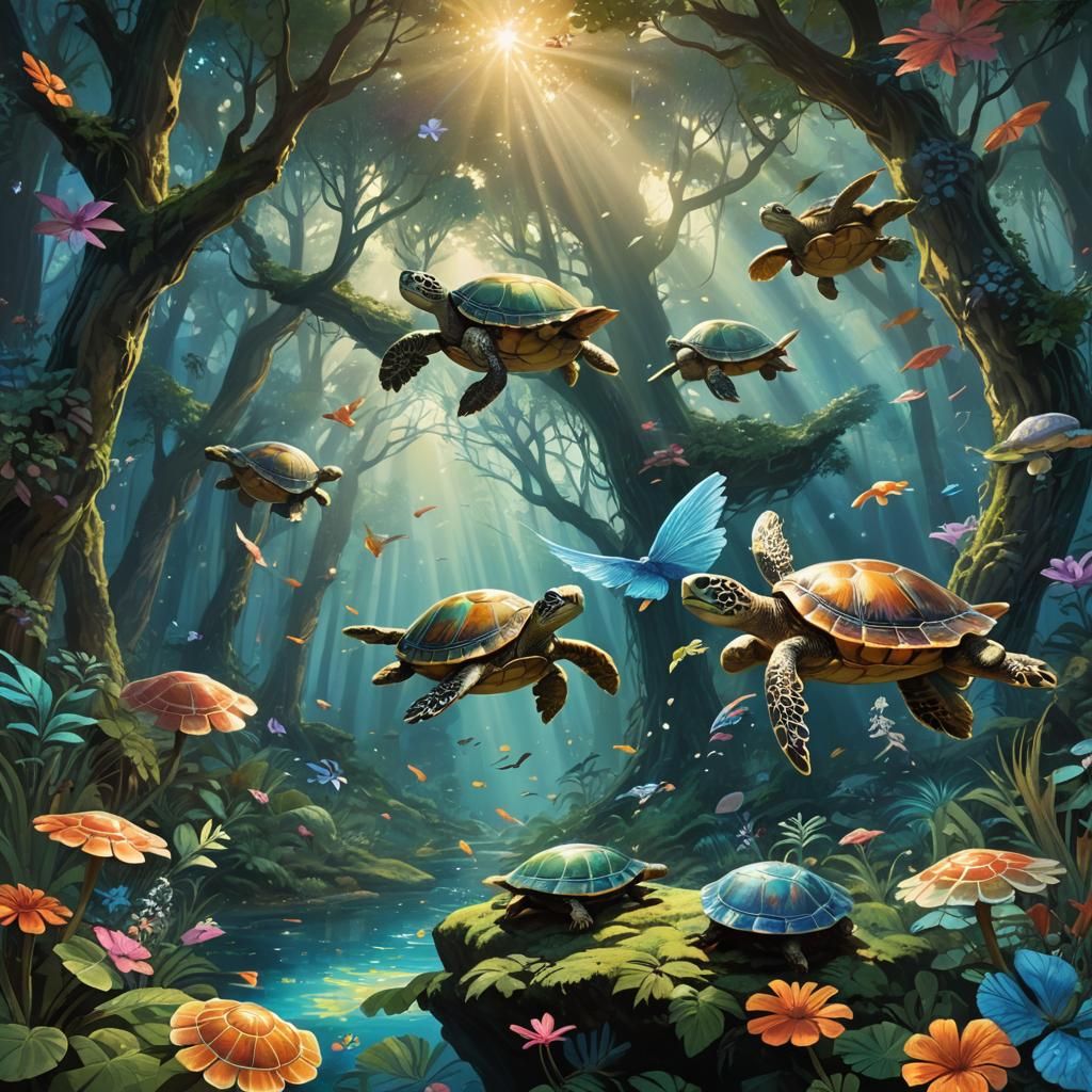 Flying Turtles in Mystical Forest, Miyazaki-Inspired Art
