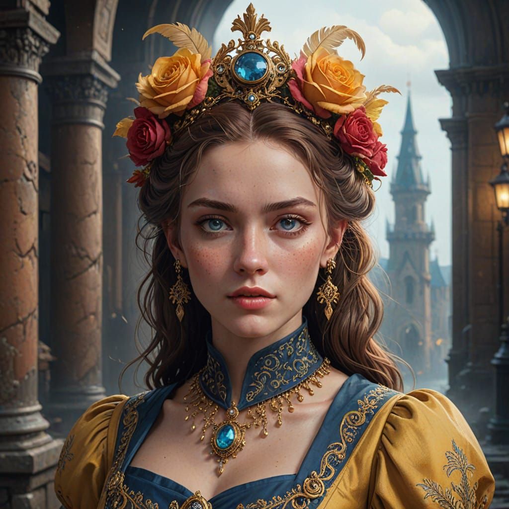 Regal Steampunk Fantasy Princess in Grand Castle Setting