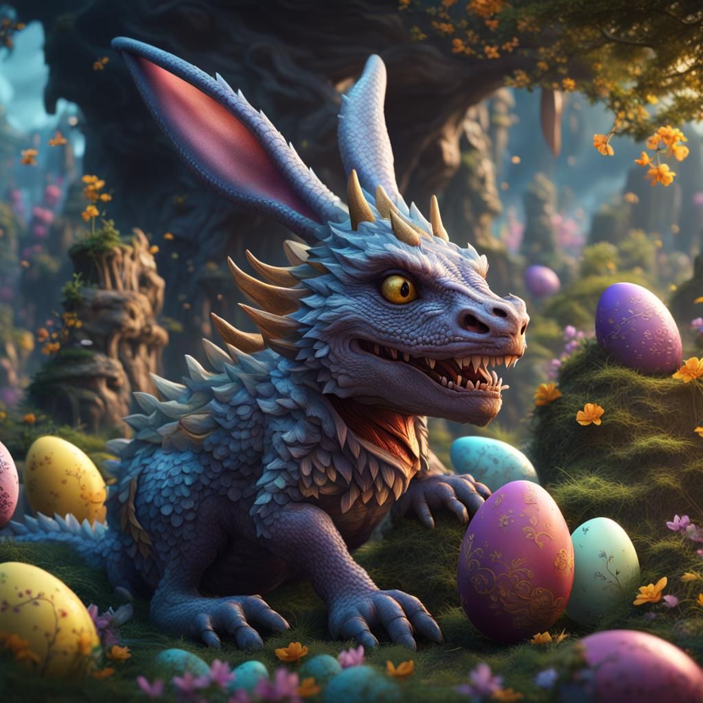 Fantastical Easter Dragon Bunny in Detailed Digital Art