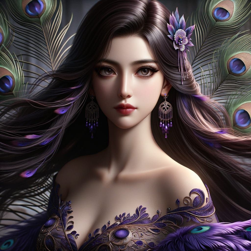 Regal Hera Goddess in Purple Peacock Feathered Robes