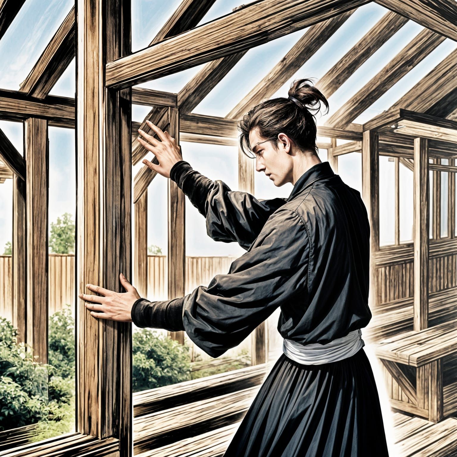 Man in Manhua Style Gazing at Wooden House