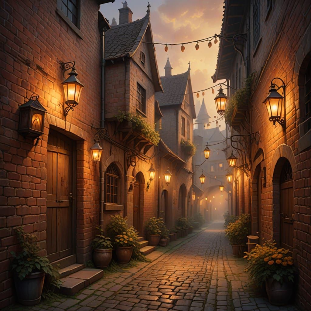 Medieval Alleyways with Glowing Lanterns in Oil Painting Sty...