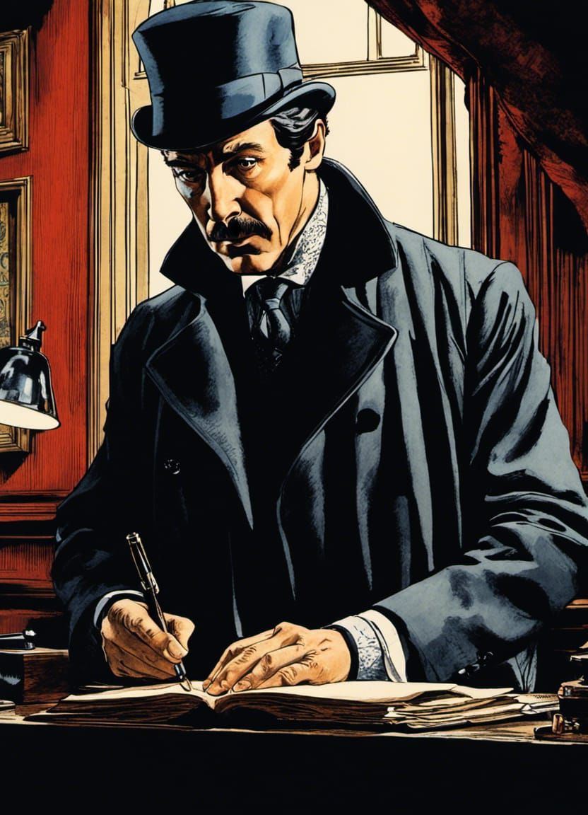 Sherlock Holmes Examines a Clue: Pen and Ink Illustration