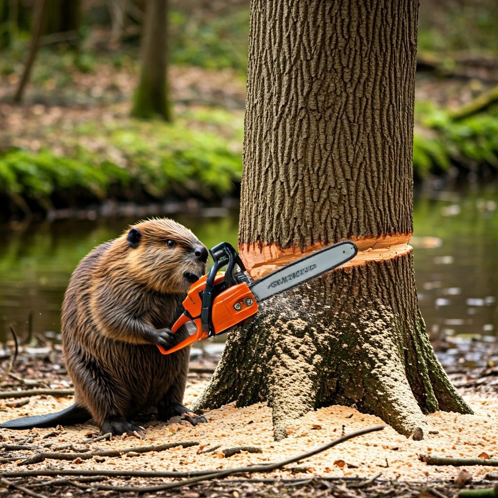 Realistic Beaver Sawing Tree with Chainsaw in Forest