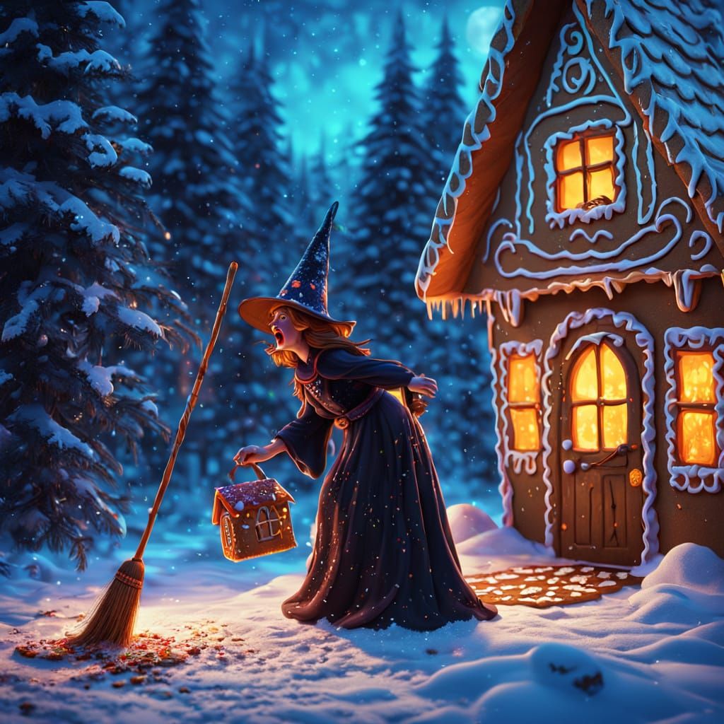 Evil Witch at Gingerbread House Threshold, Snowy Forest