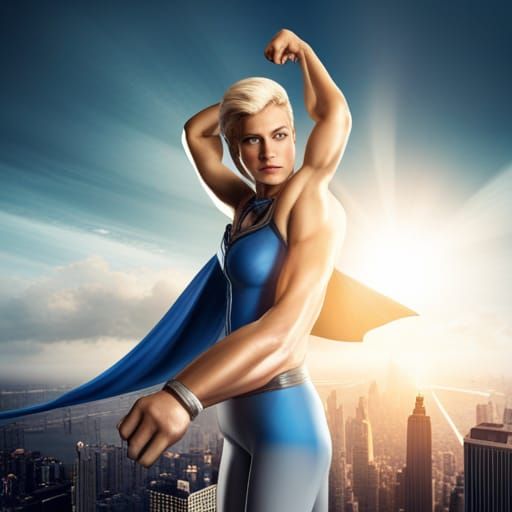 Superheroine with Cape on New York City Rooftop