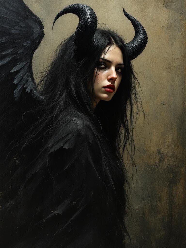 Gothic Woman with Raven Wings and Horns in Austere Style
