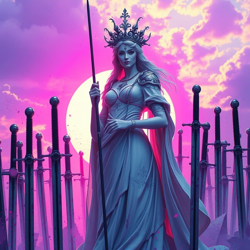Regal Porcelain Maiden Amidst Dawn of Swords in Vibrant Purp...