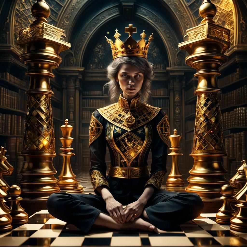 Queen on Chessboard in Temple: 3D Digital Art