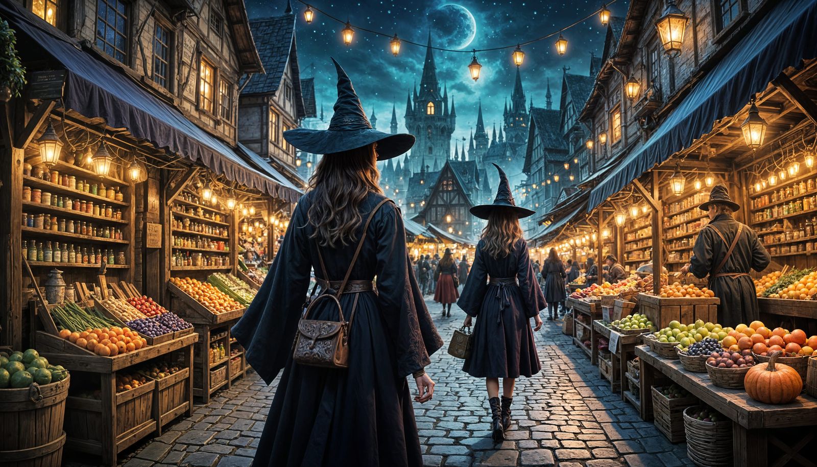 Enchanted Night Bazaar in Vibrant Fantasy Style