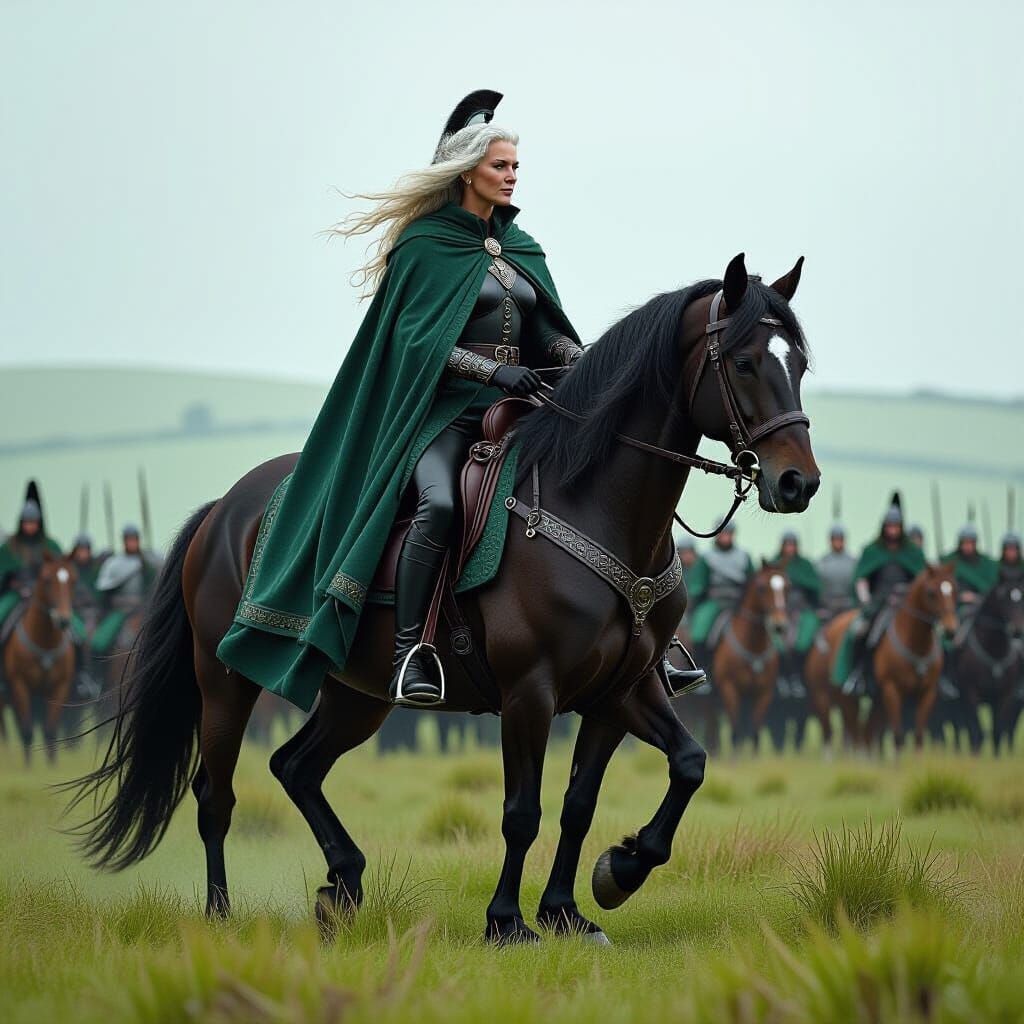 Grey-Haired Warrior Queen on Black War Horse in Ireland