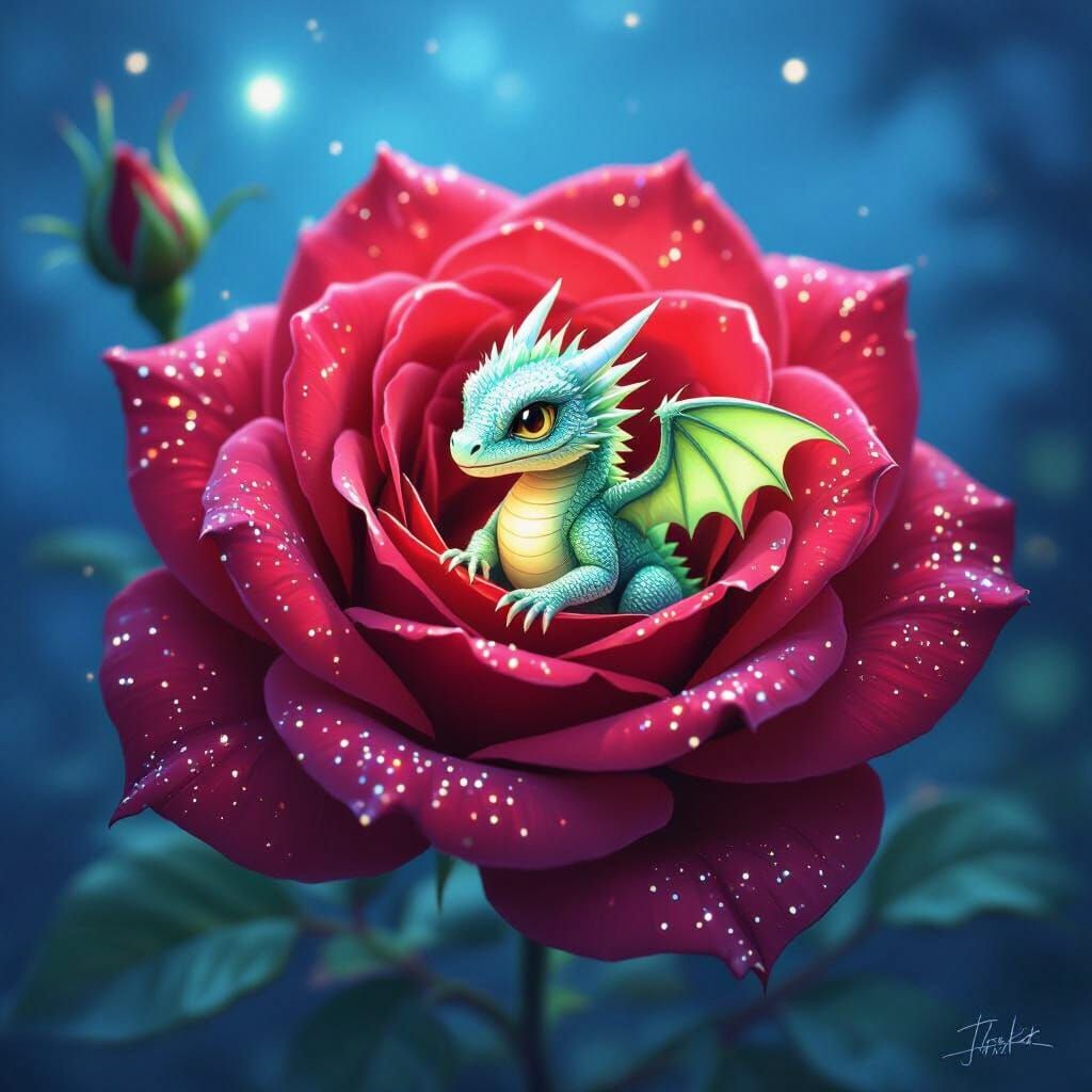 Red Rose with Glitter and Tiny Dragon, Fantasy Art Style