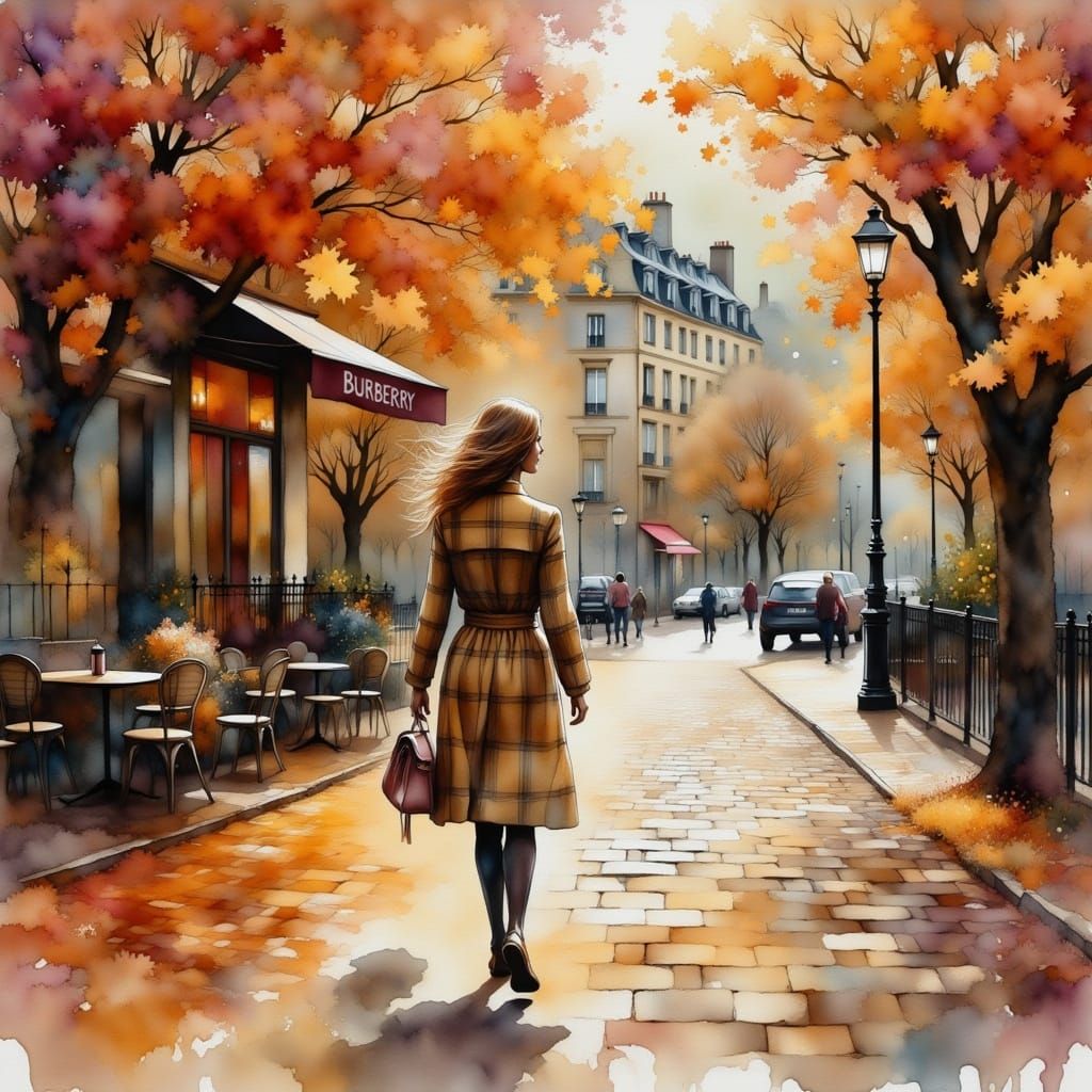 Autumn Paris Street Scene with Woman in Burberry Coat