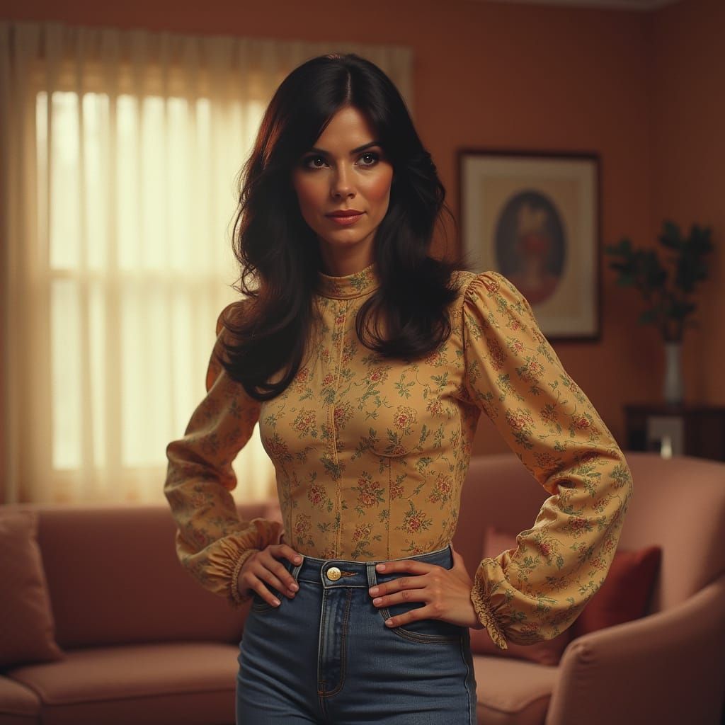 Determined Woman in 1970s Sunlit Room with Retro Flair
