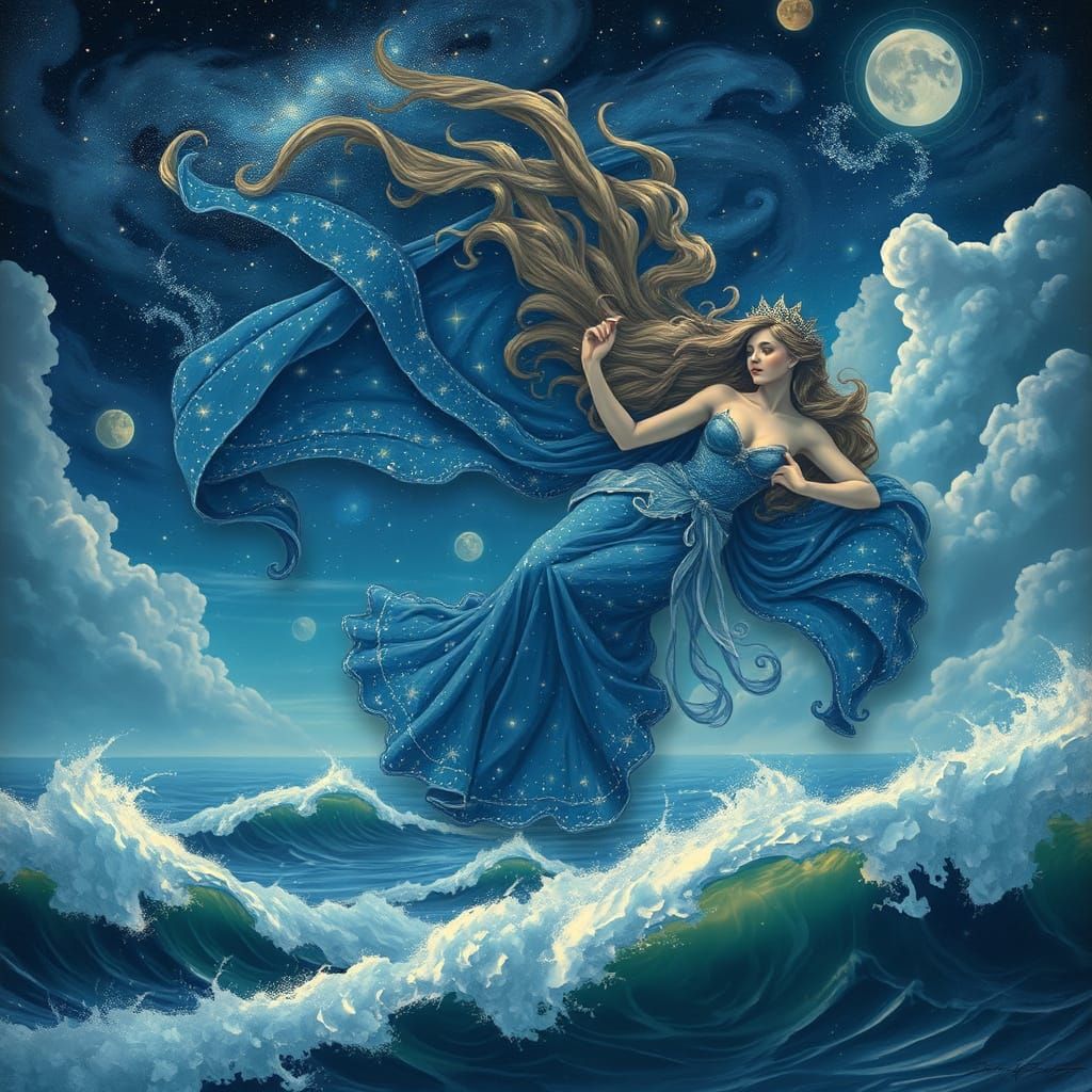 Celestial Goddess in Dreamlike Oceanscape as Ethereal Art