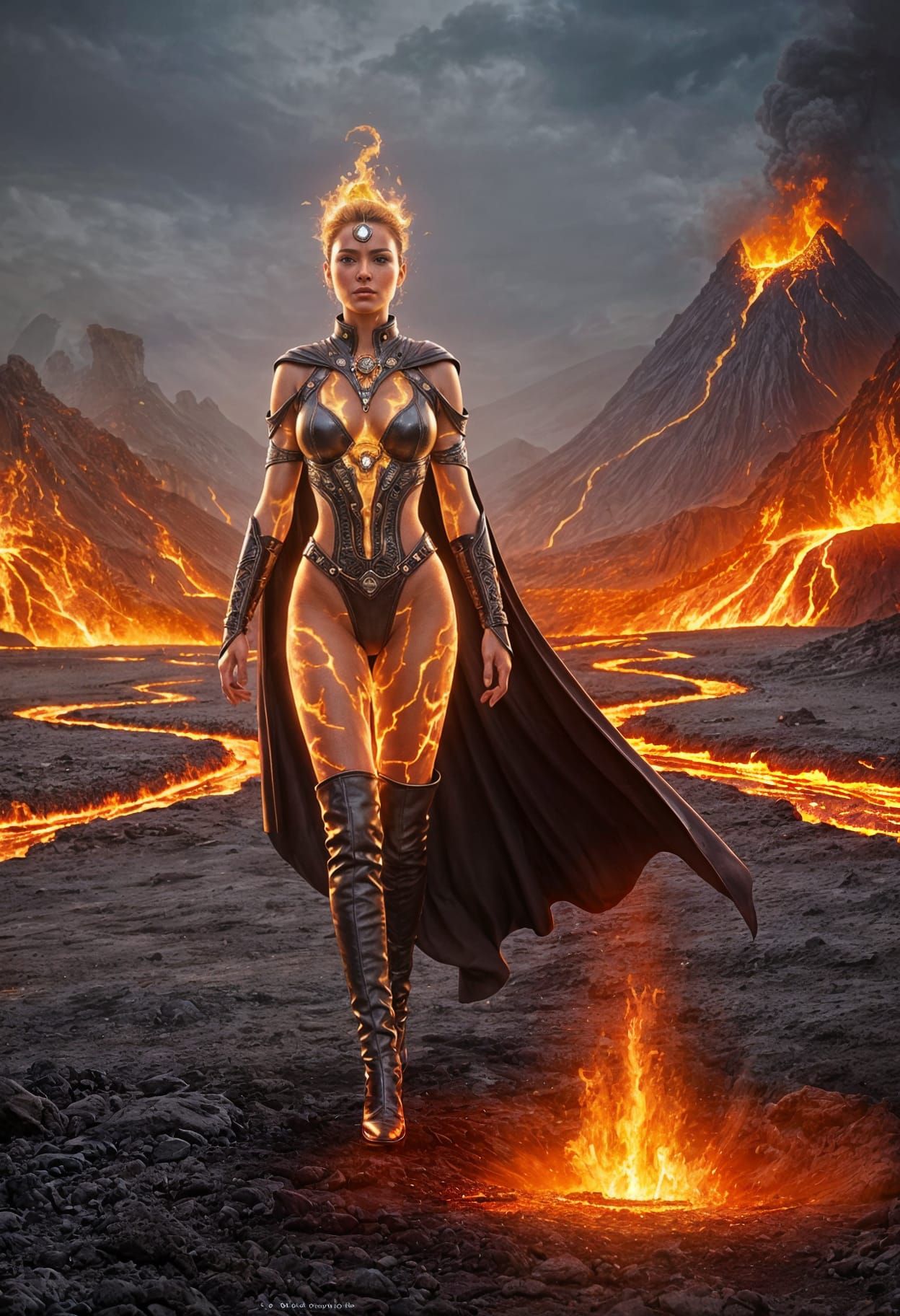 Volcanic Sorceress in Fiery Savanna Digital Painting