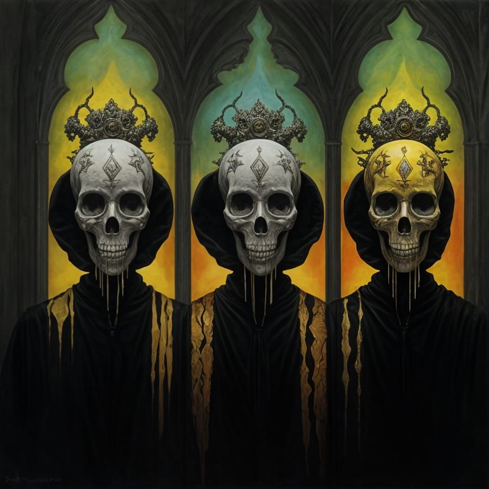 Ornate Triptych Figures in Refracted Oil Painting