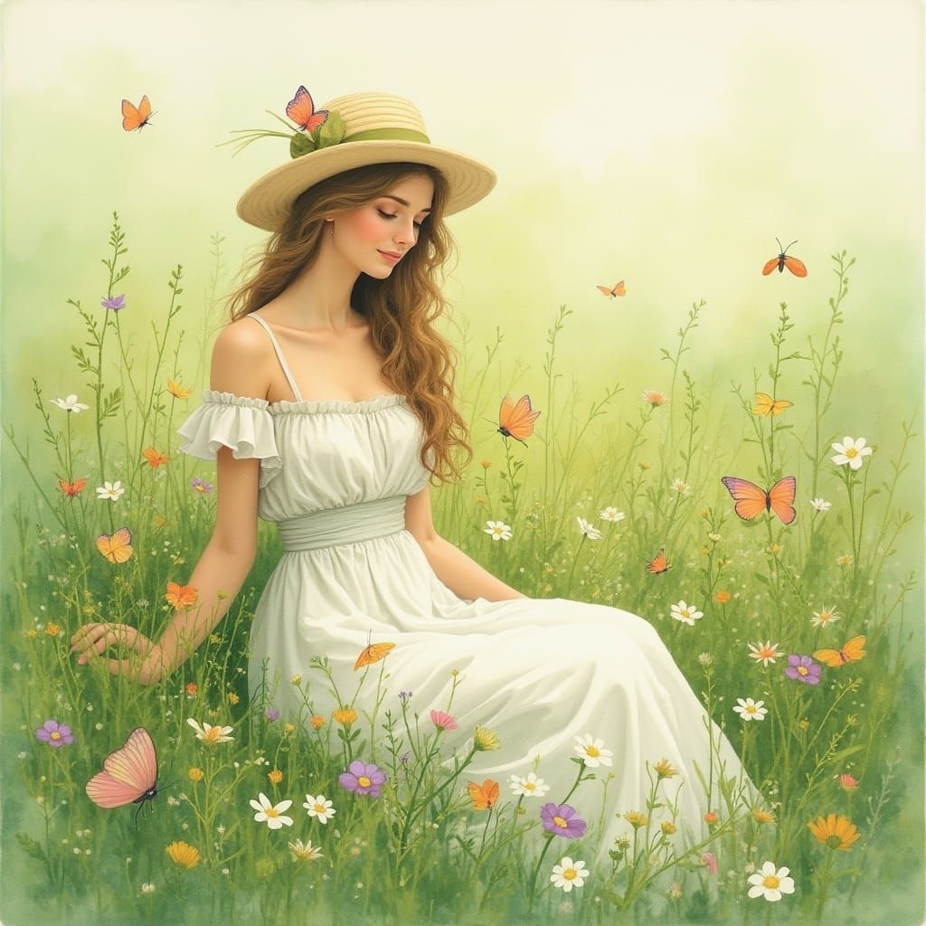 Woman in Butterfly Field: Delicate Watercolor Art