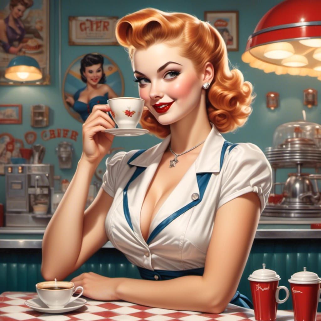 Curvy Waitress Pours Coffee, Vargas Style Pin-Up