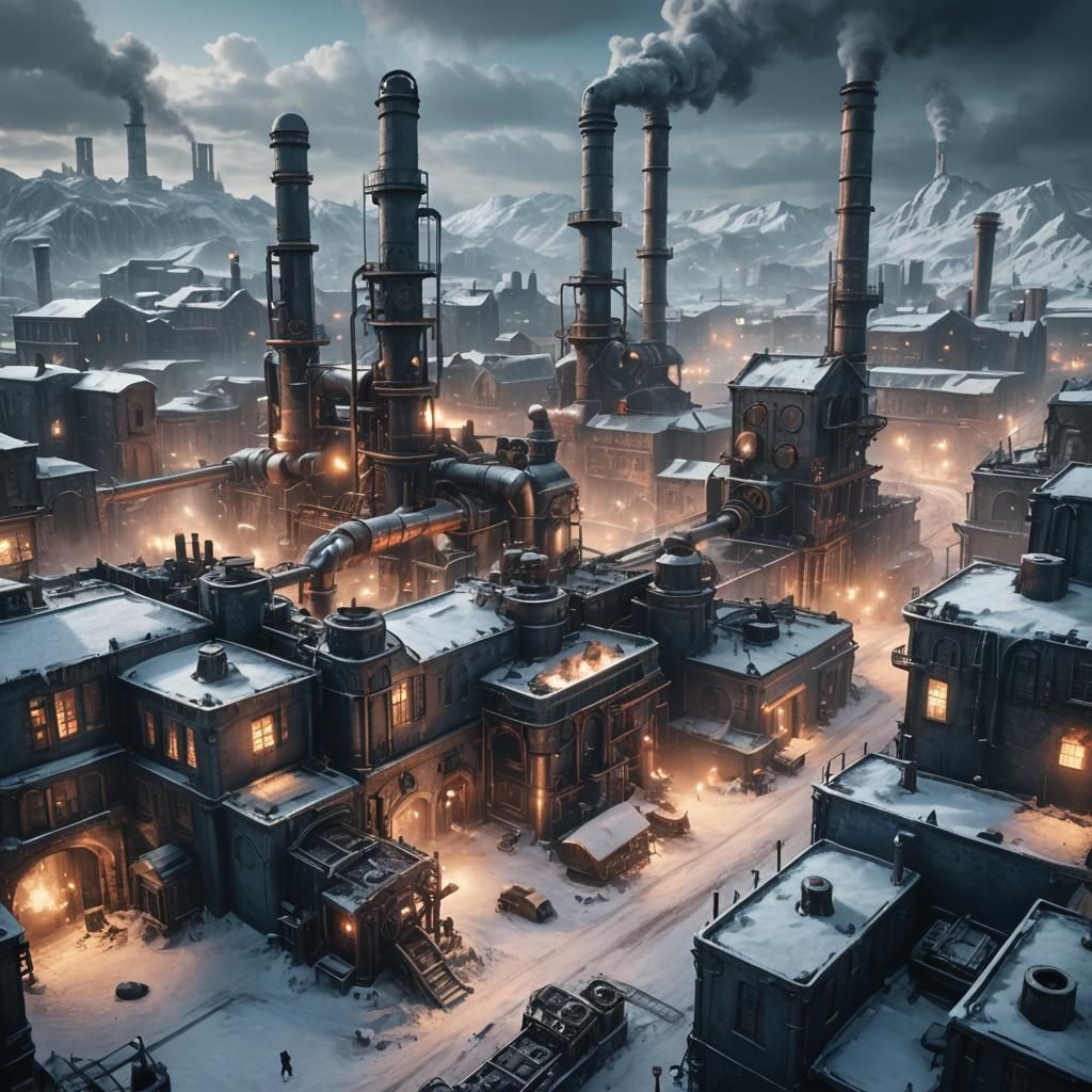 Gritty Steampunk Cityscape Fights Frost in a Frozen Wastelan...