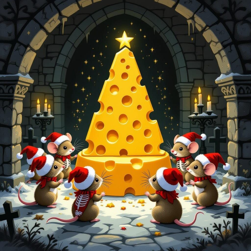 Whimsical Christmas Mice Party in Spooky Crypt