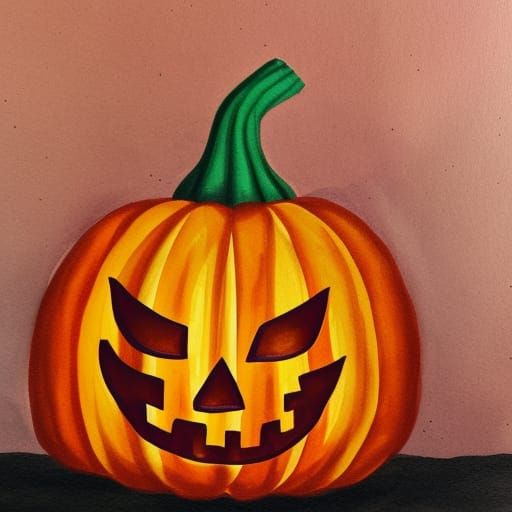 Haunted House with Ghosts and Pumpkin Gouache