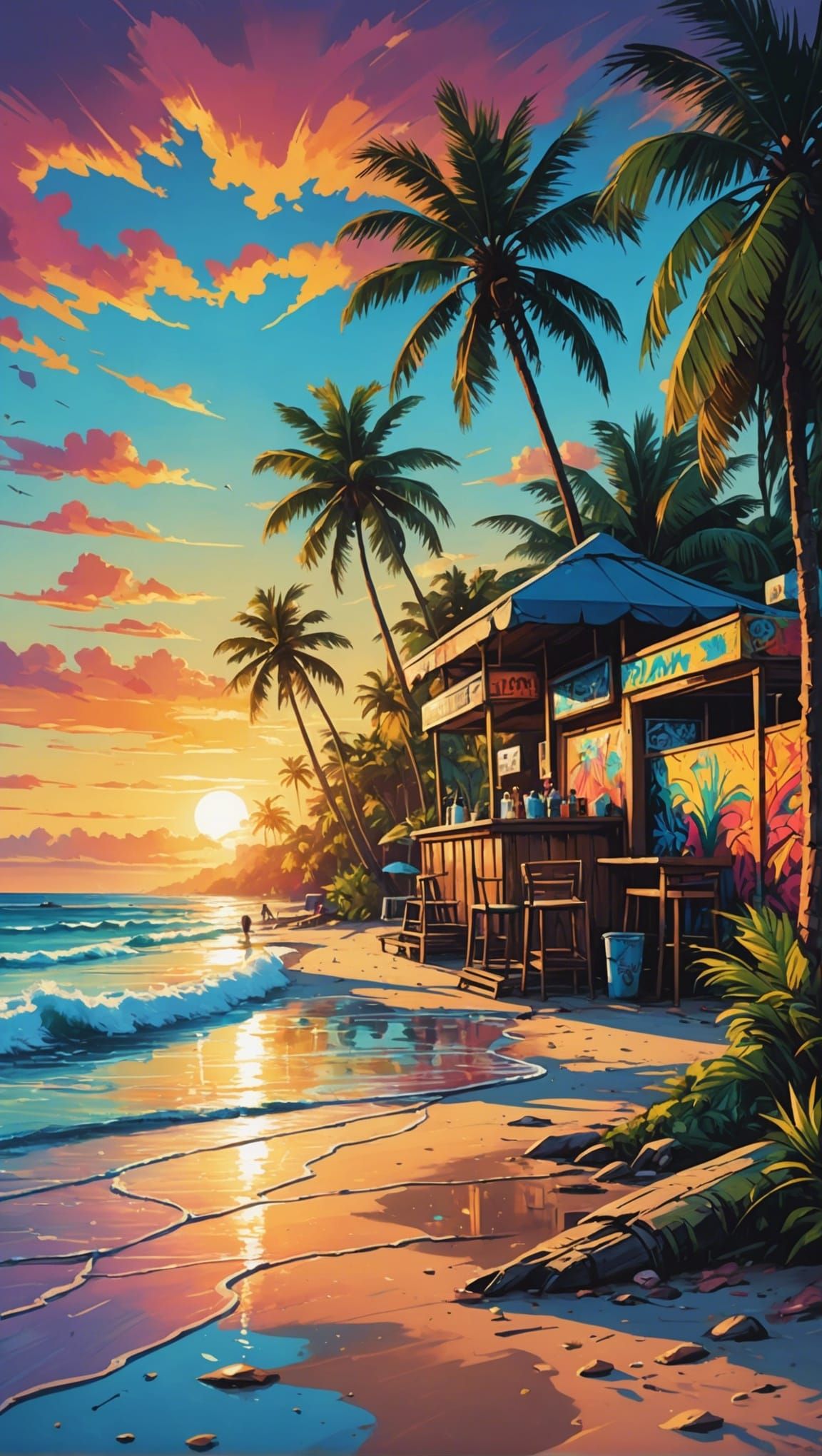 Tropical Beach Sunset in Graffiti Art Style