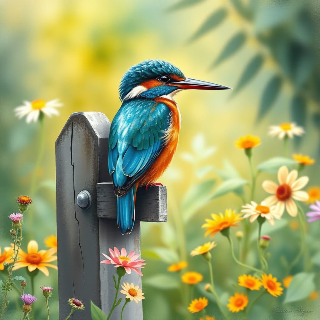 Majestic Kingfisher Perched on Weathered Fence Post in Dream...