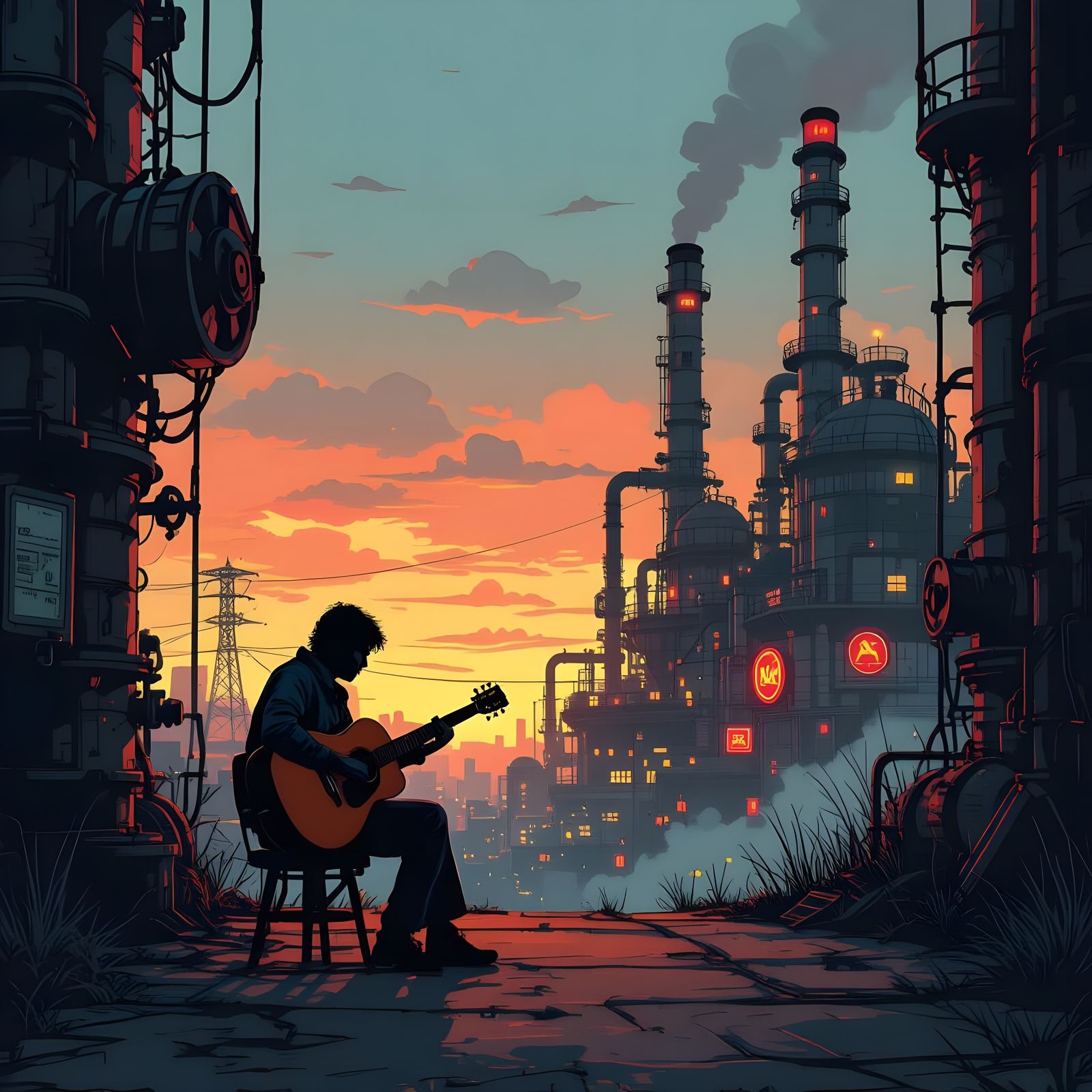 Guitarist in Industrial Dusk, Franco-Belgian Comic Art Style
