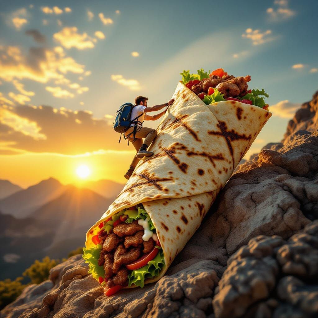 Man Ascends Giant Shawarma Mountain at Golden Hour