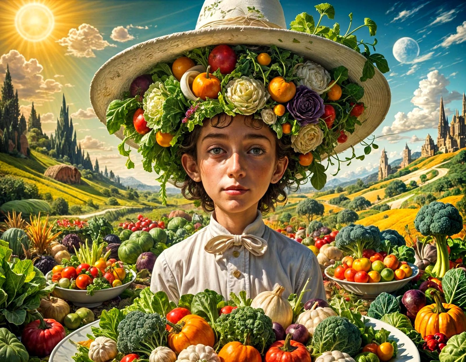 Surreal Autumn Harvest Festival With Boy and Salad Landscape...