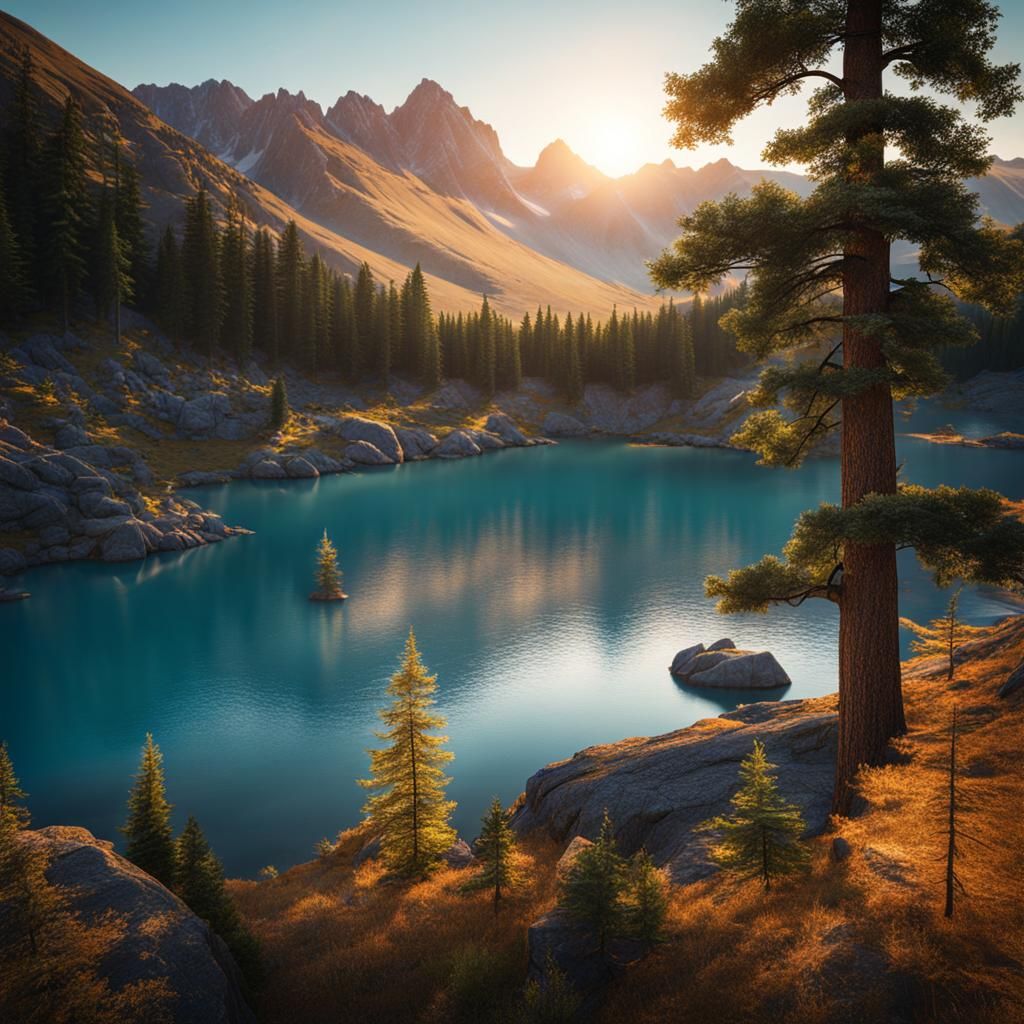 Remote Mountain Lake at Golden Hour in 8k