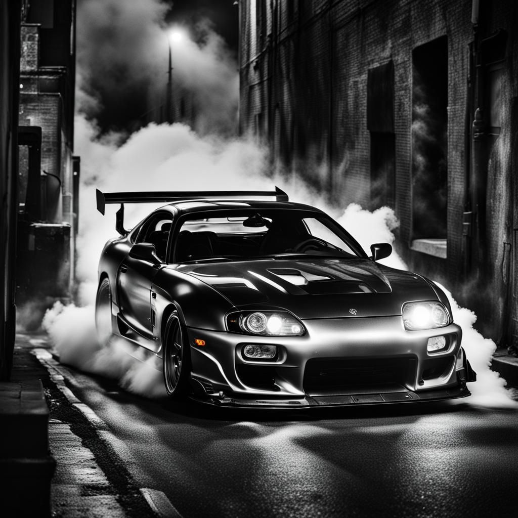 Black and White Supras Racing at Night