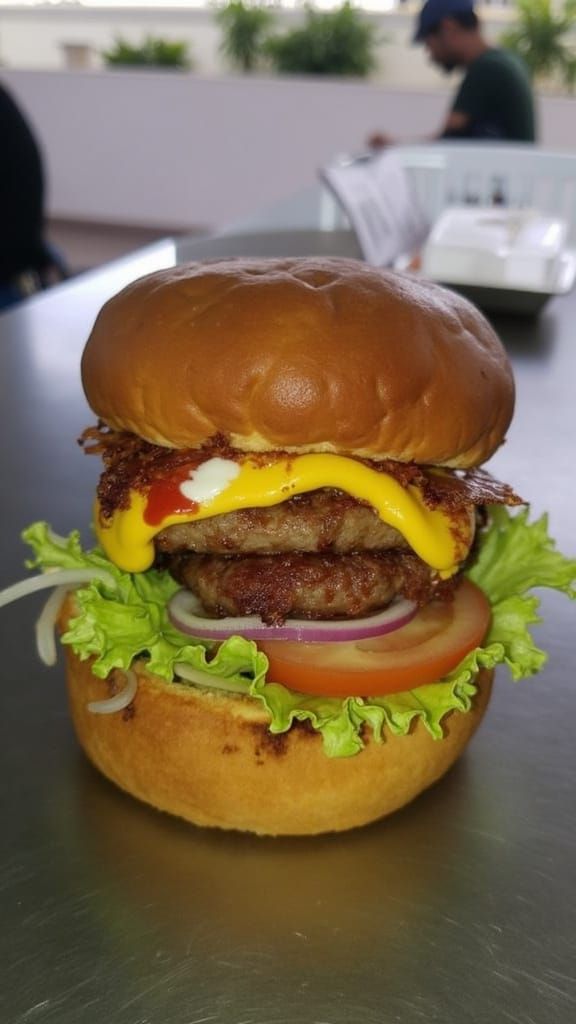 Flying Hamburger Surrounded by Angels in Surreal Sky