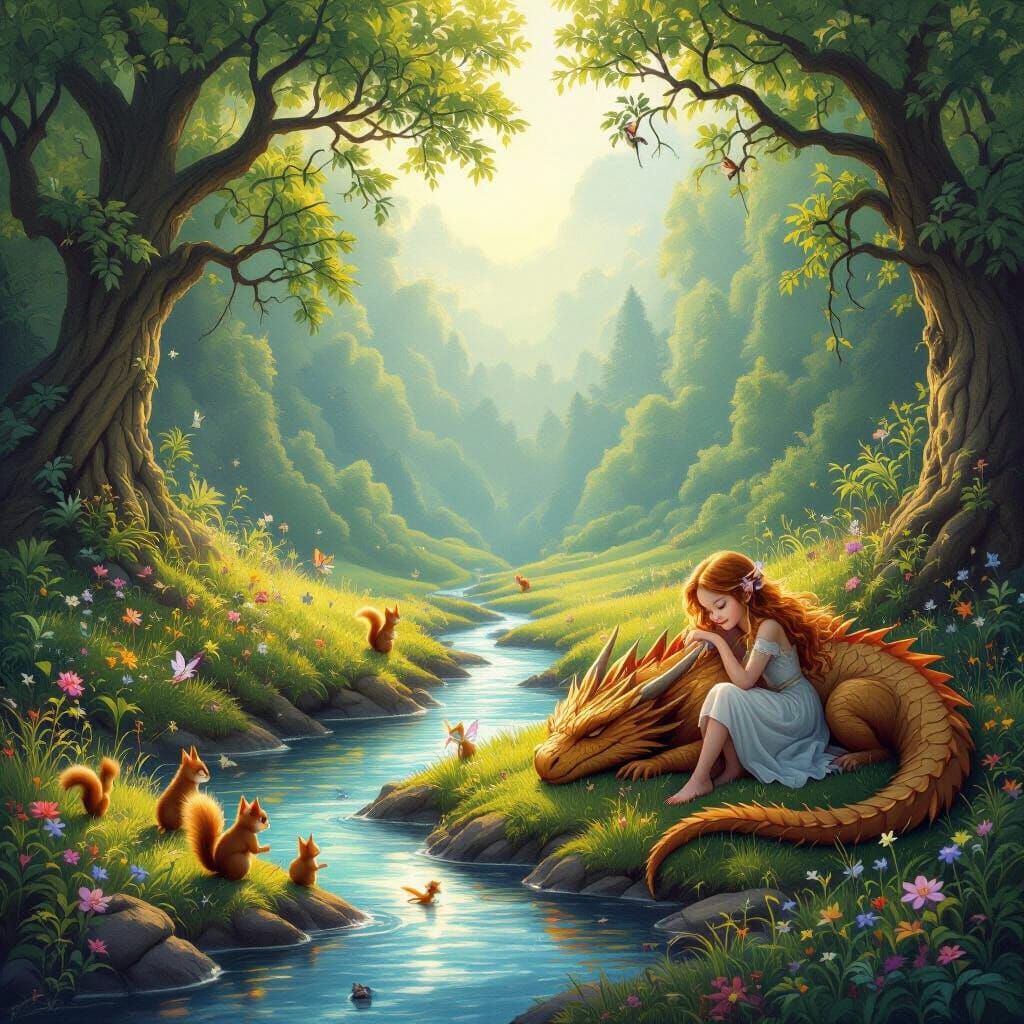 Enchanting Landscape with Pixies, Squirrels, and a Girl with...