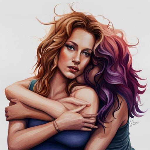 Romantic Watercolor of Two Women Cuddling
